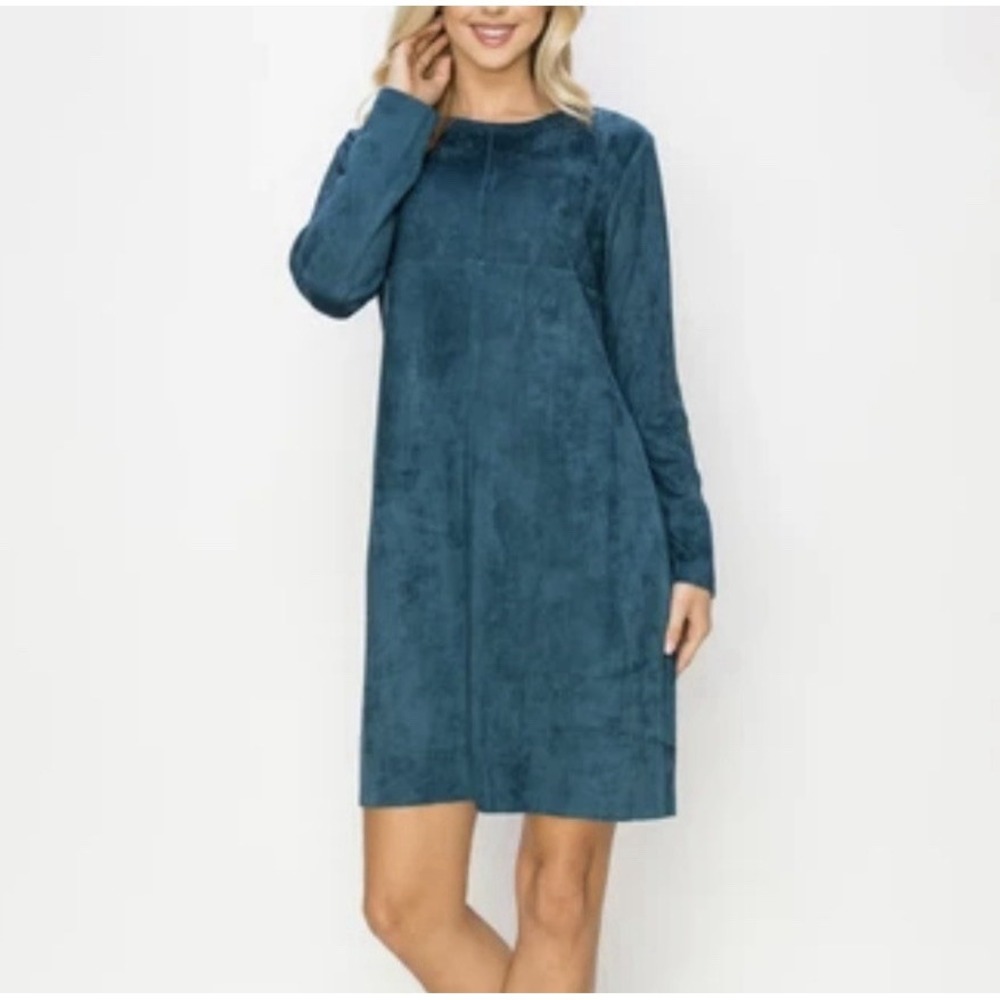 JOH Size Large Teal Aurora Crew Mini Dress Faux Suede Long Sleeve With Pockets